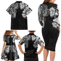 Japanese Irezumi and Hawaiian Polynesian Art Tattoo Family Matching Long Sleeve Bodycon Dress and Hawaiian Shirt Black Color - Polynesian Pride