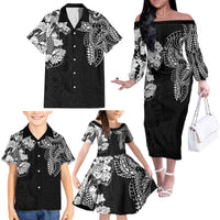 Japanese Irezumi and Hawaiian Polynesian Art Tattoo Family Matching Off The Shoulder Long Sleeve Dress and Hawaiian Shirt Black Color - Polynesian Pride