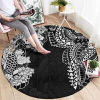 Japanese Irezumi and Hawaiian Polynesian Art Tattoo Round Carpet Black Color - Polynesian Pride