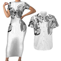 Japanese Irezumi and Hawaiian Polynesian Art Tattoo Couples Matching Short Sleeve Bodycon Dress and Hawaiian Shirt White Color - Polynesian Pride