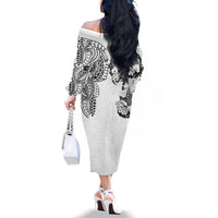 Japanese Irezumi and Hawaiian Polynesian Art Tattoo Family Matching Off The Shoulder Long Sleeve Dress and Hawaiian Shirt White Color - Polynesian Pride