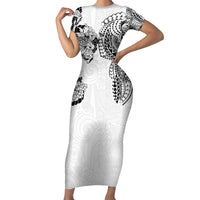 Japanese Irezumi and Hawaiian Polynesian Art Tattoo Short Sleeve Bodycon Dress White Color - Polynesian Pride