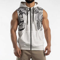 Japanese Irezumi and Hawaiian Polynesian Art Tattoo Sleeveless Zip Hoodie White Color - Polynesian Pride