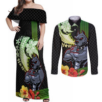 Hawaii Kaimuki High School Couples Matching Off Shoulder Maxi Dress and Long Sleeve Button Shirt Tribal Kakau Pattern Mix Hibiscus Flower LT03 Black - Polynesian Pride