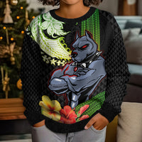 Hawaii Kaimuki High School Kid Ugly Christmas Sweater Tribal Kakau Pattern Mix Hibiscus Flower LT03 - Polynesian Pride