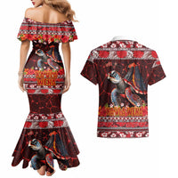 Hawaii KaʻUla Wena Volcano Turtle Couples Matching Mermaid Dress and Hawaiian Shirt Lava and Tropical Plants Tribal Pattern