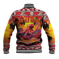 Hawaii KaUla Wena Octopus Baseball Jacket Oceanic Red with Corals and Tropical On Sunset Landscape LT03 - Polynesian Pride