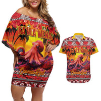 Hawaii KaʻUla Wena Octopus Couples Matching Off Shoulder Short Dress and Hawaiian Shirt Oceanic Red with Corals and Tropical On Sunset Landscape