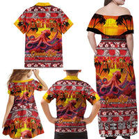 Hawaii KaʻUla Wena Octopus Family Matching Off Shoulder Maxi Dress and Hawaiian Shirt Oceanic Red with Corals and Tropical On Sunset Landscape