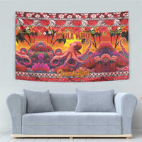 Hawaii KaUla Wena Octopus Tapestry Oceanic Red with Corals and Tropical On Sunset Landscape LT03 - Polynesian Pride
