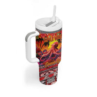 Hawaii KaʻUla Wena Octopus Tumbler With Handle Oceanic Red with Corals and Tropical On Sunset Landscape