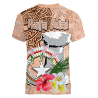 Northern Mariana Islands Hafa Adai Latte Stone Women V Neck T Shirt Peach Fuzz Color LT03 - Polynesian Pride