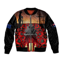 Custom New Zealand and Australia ANZAC Day Sleeve Zip Bomber Jacket Gallipoli and Canlelight Lest We Forget LT03 Unisex Black - Polynesian Pride