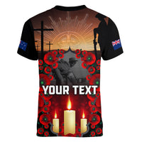 Custom New Zealand and Australia ANZAC Day Women V Neck T Shirt Gallipoli and Canlelight Lest We Forget LT03 - Polynesian Pride