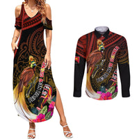 Papua New Guinea Bird-of-Paradise Couples Matching Summer Maxi Dress and Long Sleeve Button Shirt Hibiscus and Kundu Drum Tribal Pattern LT03 Yellow - Polynesian Pride