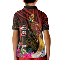 Papua New Guinea Bird-of-Paradise Kid Polo Shirt Hibiscus and Kundu Drum Tribal Pattern LT03 - Polynesian Pride