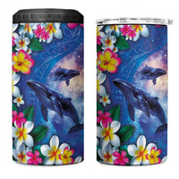 Hawaiian Lei Day Plumeria Humpback Whales 4 in 1 Can Cooler Tumbler Polynesian Art Vibrant Starry Nebula Style