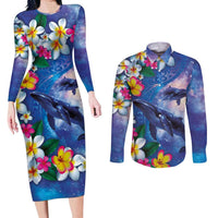 Hawaiian Lei Day Plumeria Humpback Whales Couples Matching Long Sleeve Bodycon Dress and Long Sleeve Button Shirt Polynesian Art Vibrant Starry Nebula Style