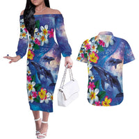 Hawaiian Lei Day Plumeria Humpback Whales Couples Matching Off The Shoulder Long Sleeve Dress and Hawaiian Shirt Polynesian Art Vibrant Starry Nebula Style