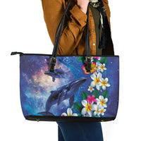 Hawaiian Lei Day Plumeria Humpback Whales Leather Tote Bag Polynesian Art Vibrant Starry Nebula Style