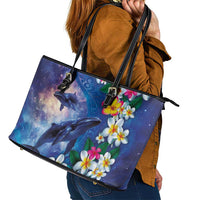 Hawaiian Lei Day Plumeria Humpback Whales Leather Tote Bag Polynesian Art Vibrant Starry Nebula Style