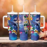 Hawaiian Lei Day Plumeria Humpback Whales Tumbler With Handle Polynesian Art Vibrant Starry Nebula Style