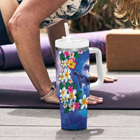 Hawaiian Lei Day Plumeria Humpback Whales Tumbler With Handle Polynesian Art Vibrant Starry Nebula Style