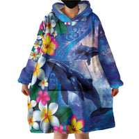 Hawaiian Lei Day Plumeria Humpback Whales Wearable Blanket Hoodie Polynesian Art Vibrant Starry Nebula Style
