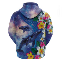 Hawaiian Lei Day Plumeria Humpback Whales Zip Hoodie Polynesian Art Vibrant Starry Nebula Style
