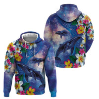 Hawaiian Lei Day Plumeria Humpback Whales Zip Hoodie Polynesian Art Vibrant Starry Nebula Style