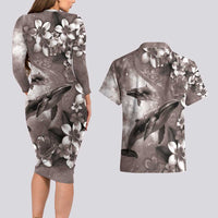 Hawaiian Lei Day Plumeria Humpback Whales Couples Matching Long Sleeve Bodycon Dress and Hawaiian Shirt Polynesian Art Vibrant Starry Nebula Grayscale Style