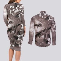 Hawaiian Lei Day Plumeria Humpback Whales Couples Matching Long Sleeve Bodycon Dress and Long Sleeve Button Shirt Polynesian Art Vibrant Starry Nebula Grayscale Style