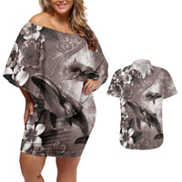 Hawaiian Lei Day Plumeria Humpback Whales Couples Matching Off Shoulder Short Dress and Hawaiian Shirt Polynesian Art Vibrant Starry Nebula Grayscale Style