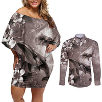 Hawaiian Lei Day Plumeria Humpback Whales Couples Matching Off Shoulder Short Dress and Long Sleeve Button Shirt Polynesian Art Vibrant Starry Nebula Grayscale Style