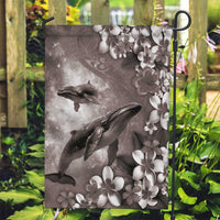 Hawaiian Lei Day Plumeria Humpback Whales Garden Flag Polynesian Art Vibrant Starry Nebula Grayscale Style