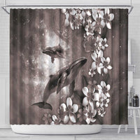 Hawaiian Lei Day Plumeria Humpback Whales Shower Curtain Polynesian Art Vibrant Starry Nebula Grayscale Style