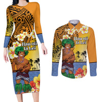 Happy Lei Day Couples Matching Long Sleeve Bodycon Dress and Long Sleeve Button Shirt Hula Male Dancer Polynesian Flower Kakau Pattern