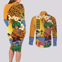 Happy Lei Day Couples Matching Long Sleeve Bodycon Dress and Long Sleeve Button Shirt Hula Male Dancer Polynesian Flower Kakau Pattern