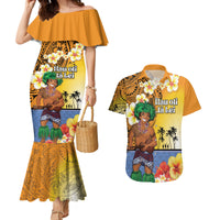 Happy Lei Day Couples Matching Mermaid Dress and Hawaiian Shirt Hula Male Dancer Polynesian Flower Kakau Pattern LT03 Yellow - Polynesian Pride