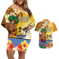 Happy Lei Day Couples Matching Off Shoulder Short Dress and Hawaiian Shirt Hula Male Dancer Polynesian Flower Kakau Pattern