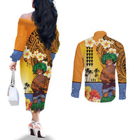 Happy Lei Day Couples Matching Off The Shoulder Long Sleeve Dress and Long Sleeve Button Shirt Hula Male Dancer Polynesian Flower Kakau Pattern