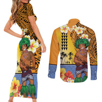 Happy Lei Day Couples Matching Short Sleeve Bodycon Dress and Long Sleeve Button Shirt Hula Male Dancer Polynesian Flower Kakau Pattern