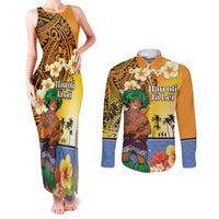 Happy Lei Day Couples Matching Tank Maxi Dress and Long Sleeve Button Shirt Hula Male Dancer Polynesian Flower Kakau Pattern