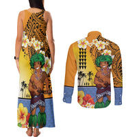 Happy Lei Day Couples Matching Tank Maxi Dress and Long Sleeve Button Shirt Hula Male Dancer Polynesian Flower Kakau Pattern