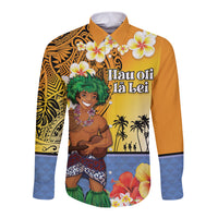 Happy Lei Day Long Sleeve Button Shirt Hula Male Dancer Polynesian Flower Kakau Pattern LT03 Unisex Yellow - Polynesian Pride