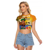 Happy Lei Day Raglan Cropped T Shirt Hula Male Dancer Polynesian Flower Kakau Pattern