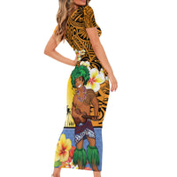 Happy Lei Day Short Sleeve Bodycon Dress Hula Male Dancer Polynesian Flower Kakau Pattern