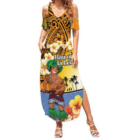Happy Lei Day Summer Maxi Dress Hula Male Dancer Polynesian Flower Kakau Pattern LT03 Women Yellow - Polynesian Pride