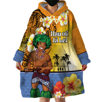 Happy Lei Day Wearable Blanket Hoodie Hula Male Dancer Polynesian Flower Kakau Pattern