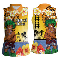 Happy Lei Day Women Sleeveless Polo Shirt Hula Male Dancer Polynesian Flower Kakau Pattern